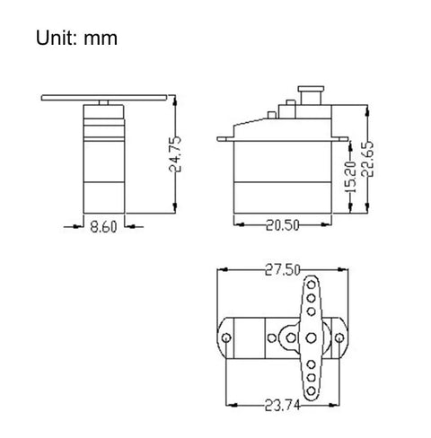 Technical dimensions of Ultra Light Micro Coreless Digital Servo Set Of Four 4.3g GH S43D for RC planes and DIY aircraft