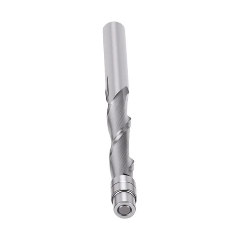 Top Gritty Up Down Spiral Flush Trim Router Bit With 1/4 Inch Shank Made From Hard Tungsten Steel For Clean Cuts And Less Heat On CNC Milling Projects Perfect For Pros, viewed from the side.