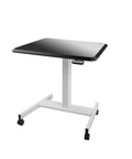 Slick Electric Height Adjustable Lectern With Smooth Roll Wheels For Boardroom Church Or Lecture Hall Speaking Ergonomic Mobile Standing Podium Designed For All Day Grind And Zero Sweat Operation with a black tabletop.