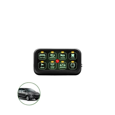 8 Gang Switch Panel With Green LED Indicators And Built In Electronic Relay System For Car And Boat Universal Automotive Wiring Control And Easy Plug And Play Relay Switching For A Heavy Duty Rugged Build And Quick Installation. Displaying front view.