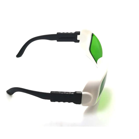 Heavy Duty Clear Laser Safety Glasses Featuring Rock Solid Optical Density Ratings For Erbium And Near Infrared Lasers; side view with green lenses.