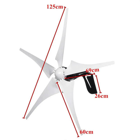 Portable Solar And Wind Hybrid Generator 3500W Low Noise AC Output with 5 Blade Wind Turbine and MPPT Controller dimensions shown