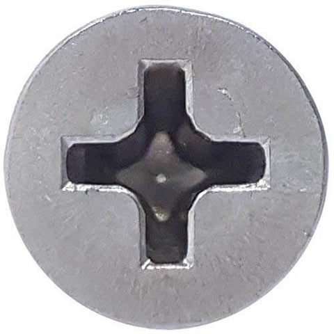 Close-up of Size Six By Three Quarter Inch Flat Head Wood Screw with Phillips Drive, Type 316 Marine Grade Stainless Steel.