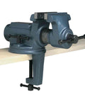 Beefy Super-Junior Clamp-On Vise with 2-1/2 in jaw width, 2-1/8 in opening, mounted on bench with dual lockdowns and swivel base