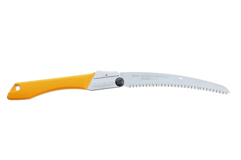 GomBoy Curve Professional Folding Saw 240mm with impulse hardened teeth shown open, large curved blade for pruning, 6.8 TPI, 1.4mm thickness.