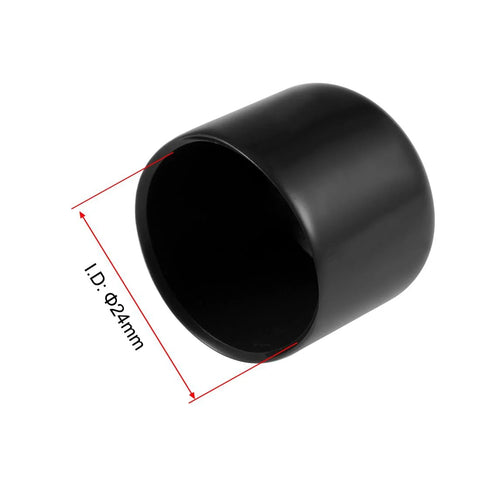 Close-up of a black rubber end cap, 24mm inner diameter, fits vinyl round tubes, Set Of 5 24mm Inner Diameter Rubber End Caps For Vinyl Round Tubes Bolt Cap Covers And Screw Thread Protectors Black Designed To Shield Furniture Feet Table Legs Chairs Pipes From Scratches And Debris.
