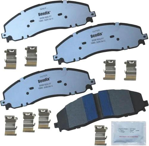 Front view: Bendix Fleet Metlok MKD1680FM semi-metallic blue brake pads for Ford F-250/350/450 Super Duty.