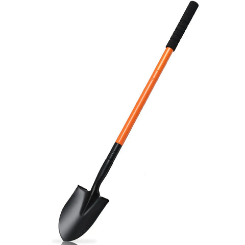 Extra Long 43.7 Inch Spade Shovel With Heavy Duty Steel Handle For Digging Gardening Camping Yard Work And Car Shovel Orange Durable All Purpose Tool For Landscaping And Outdoor Projects, showing full view with orange handle and black blade.