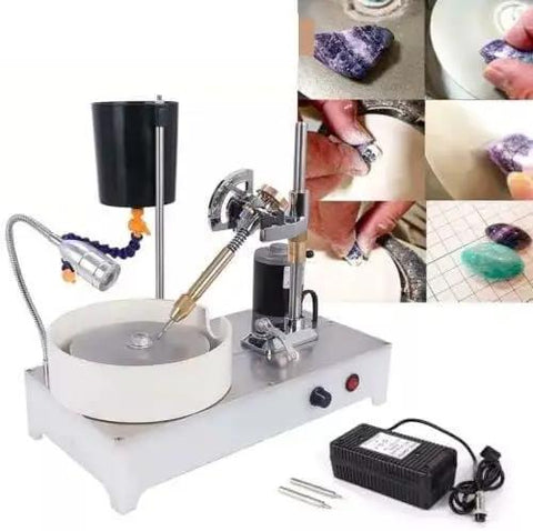 6 Inch Bench Grinder and Polishing Machine Gear Up for Gemstone Lathe Work with DC 24V Motor Spinning 2800 RPM in use.