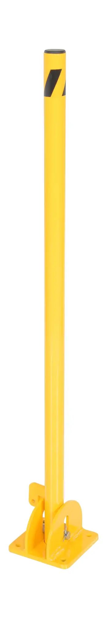 Tough As Nails Ground Mount Heavy Duty Steel Fold Down Bollard Padlock Secured Parking Lot Barrier Yellow Galvanized Safety Post upright view