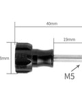 Black aluminum thumb screw for action cameras, 18mm wide, 40mm long, with M5 thread, part of 4 Pack Aluminum Alloy Thumb Screws For Action Cameras Including Hero 11 10 9 8 7 6 5 4 3 Plus Insta360 One X3 X2 X RS R GO 2 And DJI Osmo Action 2 3 Standard Mounts Black Rugged CNC Machined Rustproof.