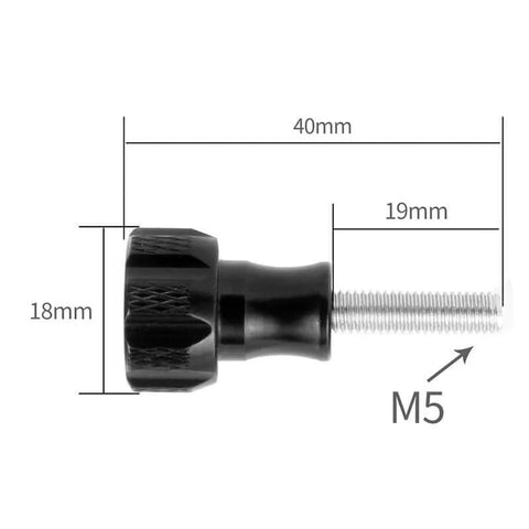 Black aluminum thumb screw for action cameras, 18mm wide, 40mm long, with M5 thread, part of 4 Pack Aluminum Alloy Thumb Screws For Action Cameras Including Hero 11 10 9 8 7 6 5 4 3 Plus Insta360 One X3 X2 X RS R GO 2 And DJI Osmo Action 2 3 Standard Mounts Black Rugged CNC Machined Rustproof.