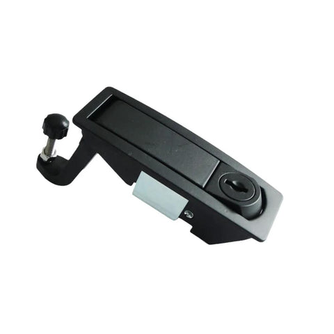 Compression latch lock, flush-mount, black zinc-alloy, adjustable hand-operated lever.