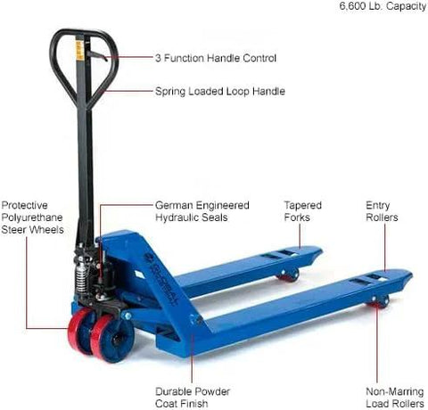 Global Industrial pallet jack side view with blue powder-coated finish and 27x48 inch forks, 6600 lb capacity
