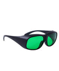 Badass Red Laser Protective Glasses With Heavy Duty OD6 Plus Optical Density Coverage For 620 To 700 Nm Wavelengths And Premium Clear Lens Safety Optics For Workshops And Labs, featuring green lenses and durable frame.