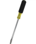Pro Grade Heavy Duty Flathead Screwdriver With Three Eighths Inch Keystone Tip For Wrench Assisted Turning, Eight Inch Square Shank, Cushioned Grip Handle, Bolster Reinforced, Chrome Plated For Corrosion Resistance, Made In USA, Klein Tools with black handle and yellow bolster.