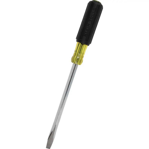 Pro Grade Heavy Duty Flathead Screwdriver With Three Eighths Inch Keystone Tip For Wrench Assisted Turning, Eight Inch Square Shank, Cushioned Grip Handle, Bolster Reinforced, Chrome Plated For Corrosion Resistance, Made In USA, Klein Tools with black handle and yellow bolster.