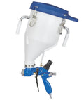 Solid Black Pressure Boosted Hopper Gun Paint Sprayer Features A Flat Out Durable Build And Straight Shooter Performance To Slash Setup Time While Nailing Every Finish, white hopper with blue lid and blue base.