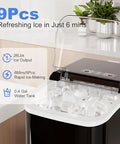 NEWBULIG countertop ice maker in black with handle; 9-cube bullet ice in 6 minutes; includes ice basket and scoop.