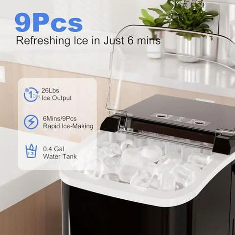 NEWBULIG countertop ice maker in black with handle; 9-cube bullet ice in 6 minutes; includes ice basket and scoop.