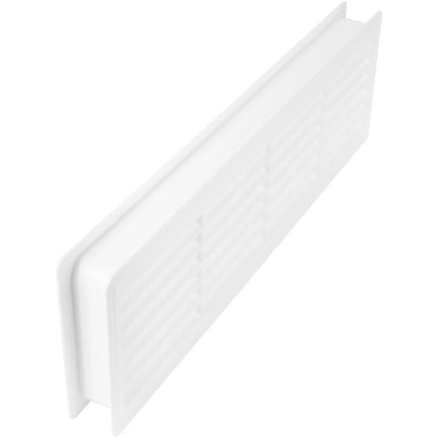 Two Sided White Door Air Vent Cover For Interior Doors 18 Inch By 5 Inch Universal Grille, side view against white background