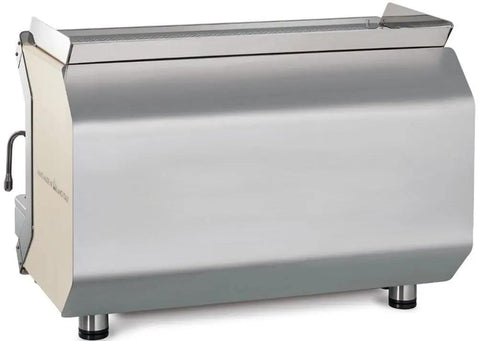 Rear view of Volumetric Two Group Espresso Machine With Digital Display And Programmable Dosing White Finish For Coffee Shops Hotels And Restaurants Built For Pro Baristas, stainless steel housing.