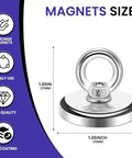 MIKEDE neodymium fishing magnet with eyebolt, 1.26 in diameter, 100 lb pull, base plate