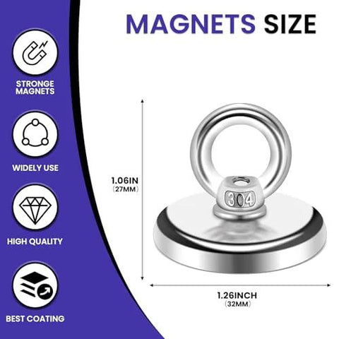 MIKEDE neodymium fishing magnet with eyebolt, 1.26 in diameter, 100 lb pull, base plate