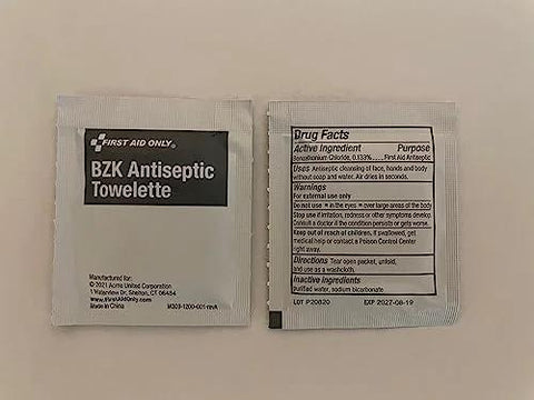 First Aid Only BZK antiseptic towelette sachet; back label shows ingredients and directions