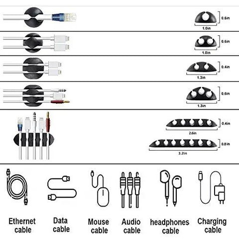 All In One Cable Management Kit For TV Office And Car With 4 Cord Sleeves 10 Pcs Wire Ties 36 Self Adhesive Cord Clips 2 Rolls Self Adhesive Cable Ties And 100 Nylon Ties showing cable organizers and labels.