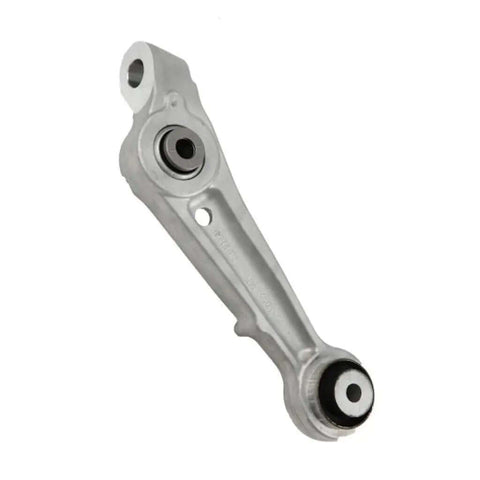 Upgrade Your Ride With This Premium Front Passenger Side Lower Control Arm Link For 2016 2020 Cadillac CT6 Featuring Durable Aluminum Build Tough Rubber Bushing And Smooth Tapered Hole Design For Rock Solid Handling and Street Ready Performance. silver aluminum front passenger lower control arm link with rubber bushings