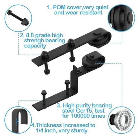 Heavy Duty Barn Door Hardware Kit For 4 To 16 Foot Sliding Track System with J Shaped Rollers showing durable components and specifications