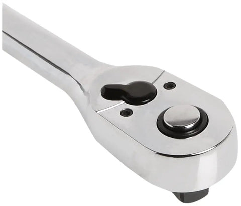 Close-up of Universal Socket Set 1/2 Inch Drive, 19 Piece With 72-Tooth Ratchet, Corrosion-Resistant Chrome Finish