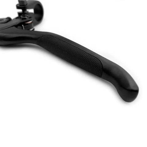 Close-up of melt-forged aluminum alloy brake lever, part of the Beefed Up Brake Lever Set for Electric Bikes and Scooters, black.