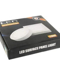 Black box packaging for LED surface panel light showing round white light and 18W label on front, highlighting energy-efficient features.