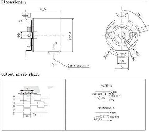 Technical schematic of Incremental Optical Rotary Encoder With 8mm Hollow Shaft And 38mm Outer Diameter, Push Pull Output, 5 to 26V DC, 1000 Pulses Per Revolution, for CNC Machines, DIY Projects, and Robotics.