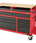 Beefy 52 Inch Mobile Workbench With 11 Soft Close Rollout Drawers And Thick Hardwood Counter Top, red steel construction.