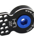 Aluminum servo saver 23T, black with blue center screw, Hot Racing logo visible front view