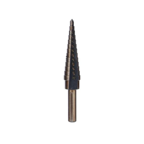 Premium Step Drill Bit Set Featuring Ti-Coated Cobalt HSS For Smooth Holes In Steel Brass And Wood With Anti Slip Hex Shank Grip And Auto Deburring Edges To Keep Your Projects Tight And Ready. single step drill bit, labeled sizes, Ti-coated cobalt HSS