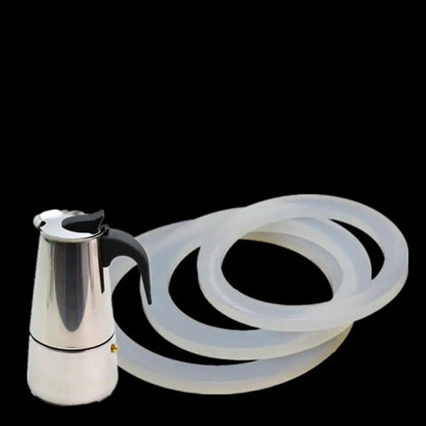 Silicone Sealing Rings Set For Coffee Makers Five Pack Gasket Seals next to silver coffee pot