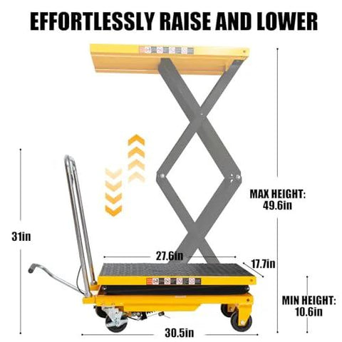 Hydraulic lift table cart, front view, double scissor lift, yellow platform with black non-slip pad and four wheels