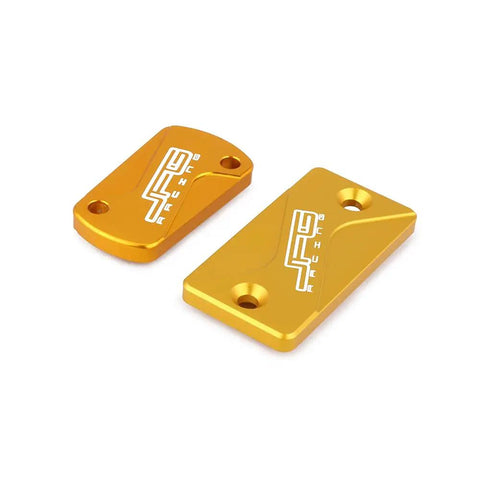 Premium 6061 T8 Aluminum Front And Rear Brake Fluid Reservoir Cover Cap Set For RM125 RM250 2001 2008 RMZ250 2007 2022 RMZ450 2005 2022 RMX450Z 2010 2017 Dirt Bike Gold Finish, showing two gold rectangular caps with brand logo
