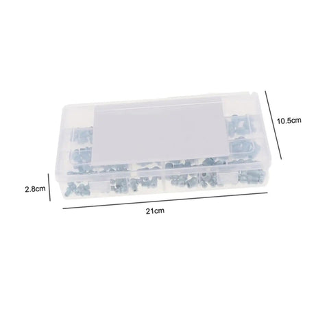 Beefed Up Hydraulic Grease Fitting Kit With 260 Pcs Metric And Imperial Nozzles in transparent storage box with dimensions