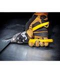 Crescent Wiss MetalMaster 9-3/4 inch compound-action tin snips with yellow handles, cutting sheet metal.