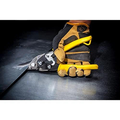 Crescent Wiss MetalMaster 9-3/4 inch compound-action tin snips with yellow handles, cutting sheet metal.