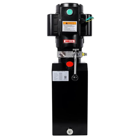 Heavy-Duty 220V AC Hydraulic Power Unit With 10 Quart Reservoir front view showing motor, control lever, and tank.