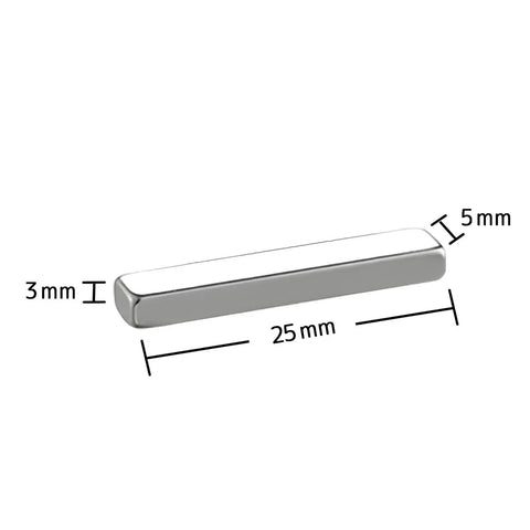 Bulk 60 Pack Neodymium Block Magnets 25mm By 5mm By 3mm Coated Nickel NdFeB Rare Earth For Industrial Office And Mounting Projects Great For Organization DIY And Space Saving; silver magnet labeled 25x5x3mm