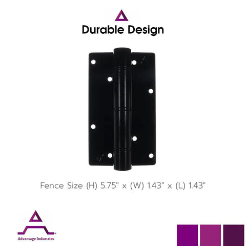 Front view of black self-closing gate hinge for fences, durable design, size 5.75" x 1.43", by Advantage Industries.