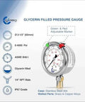 Glycerin Filled Pressure Gauge 4000 PSI With 2.5 Inch Dial, 1/4 NPT Lower Mount, 304 Stainless Steel Case, Brass Wetted Parts, Dual Scale PSI Bar