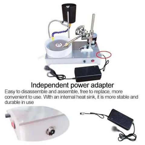 6 Inch Bench Grinder Polishing Machine Gemstone Lathe U Shaped Guard DC Motor 2800 Rpm 120 W with independent power adapter and heat sink.